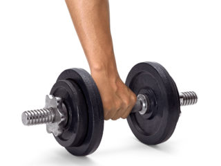 Hand holding dumbell, transparent background