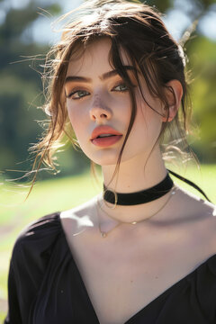 Elegant Beauty Young Woman with Choker.  Close-up of a girl with black choker on her neck, background with copy space.