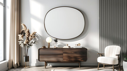 Oval shape mockup photo frame glass border, on chest drawer in modern living room, 3d render