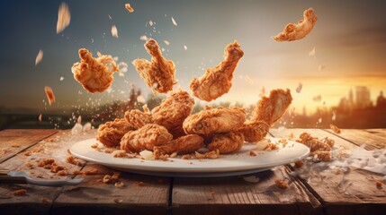 crispy fried chicken on a platter in breadcrumbd falling in the air, rustic wooden table - obrazy, fototapety, plakaty
