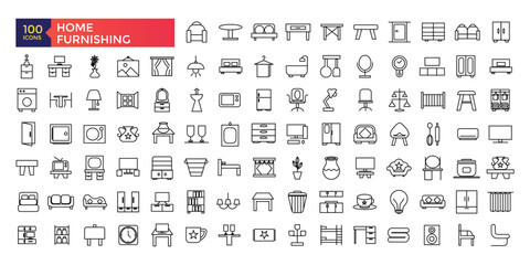 Home Furnishing and Furniture flat line icons set. sofa table, bookcase closet, chair, mattress, lamps, ladder vector illustrations. Outline signs of house interior