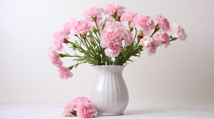 Obraz na płótnie Canvas Pink carnations and a fluted pastel vase on a white background