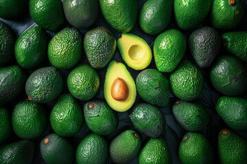 Whole and sliced avocados lie on a dark background.