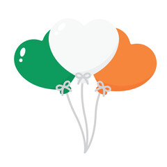 Green, white and orange colored balloons, as the colors of Ireland flag. Flat vector illustration.	
