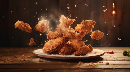 crispy fried chicken on a platter in breadcrumbd falling in the air, rustic wooden table - obrazy, fototapety, plakaty