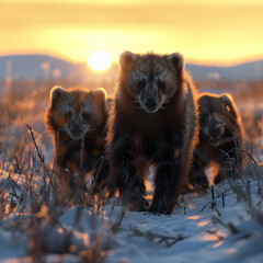 Wolverine family walking towards the camera in the forest with setting sun. Group of wild animals...