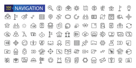 Fototapeta premium Simple Set of Navigation Related Vector Line Icons. Contains such Icons as Cloakroom, Elevator, Exit, Taxi, flag and more.
