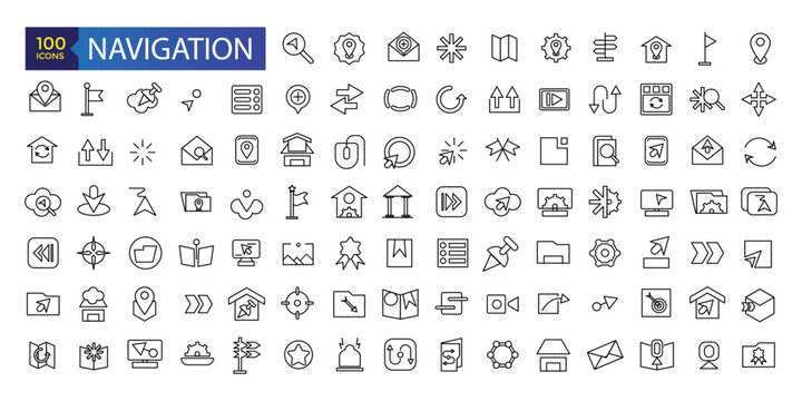 Simple Set of Navigation Related Vector Line Icons. Contains such Icons as Cloakroom, Elevator, Exit, Taxi, flag and more.
