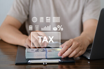 Tax concept. Person using computer to fill out personal income tax return to pay taxes online....