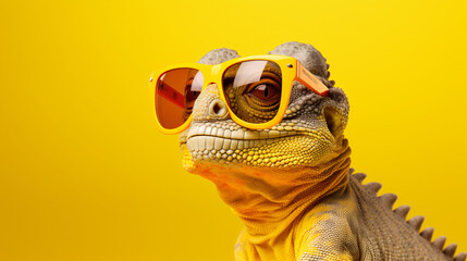 Portrait of smiling chameleon with sunglasses on yellow background - obrazy, fototapety, plakaty