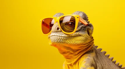 Poster Portrait of smiling chameleon with sunglasses on yellow background © Anas
