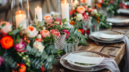 Table setting at wedding reception. Floral compositions with beautiful flowers and greenery, candles, plates