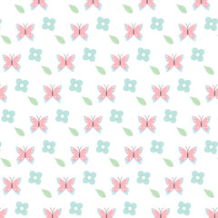 Cute floral seamless pattern print with doodle flowers and butterfly. Vector seamless pattern in flat style on white background. Repeat design for fabric, textile, decor, web, print, wallpaper