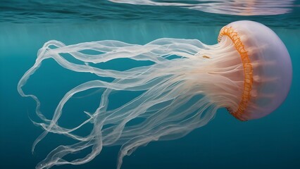 A translucent jellyfish with pastel-colored tendrils floating gracefully in a turquoise ocean. - obrazy, fototapety, plakaty