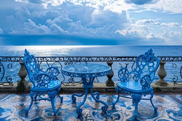 Fototapeta premium a blue chairs and a table overlooking the ocean