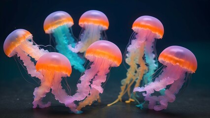 A group of miniature jellyfish with neon-colored bodies drifting together in a synchronized dance.