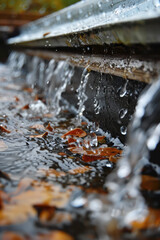 Rainwater Runoff on Urban Ground. Rain Water flow cascading down a suburban outdoor gutter, close-up on wet surfaces.