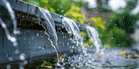 Obraz premium Rainwater Runoff on Urban Ground. Rain Water flow cascading down a suburban outdoor gutter, close-up on wet surfaces.