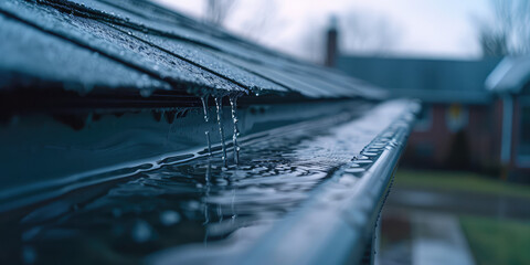Rainwater Runoff on Urban Ground. Rain Water flow cascading down a suburban outdoor gutter, close-up on wet surfaces. - obrazy, fototapety, plakaty
