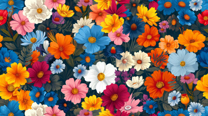 Group of striking colorful wildflowers in an endless seamless pattern on a neutral background