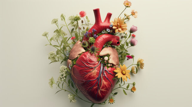 Human heart full of life, flowers and plants on a neutral background