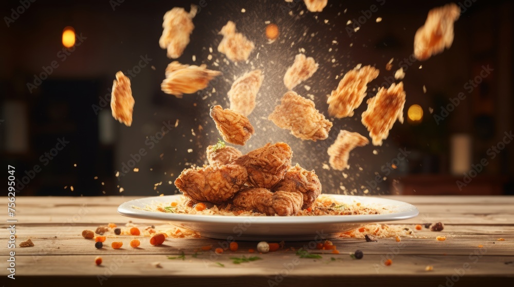 Canvas Prints crispy fried chicken on a platter in breadcrumbd falling in the air, rustic wooden table