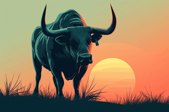Illustration von einem Stier / B&uuml;ffel bei Sonnenuntergang 