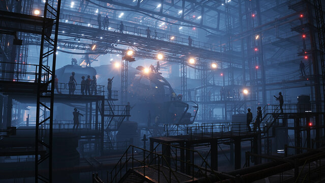 Production of military futuristic ship at the factory. People and robots Future concept. 3d rendering.
