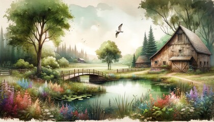 Fototapeta premium Watercolor illustration of a Rustic barn house nestled among lush trees