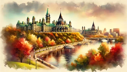 Fotobehang Watercolor landscape of Ottawa, Canada © monkik.
