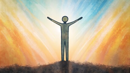 Human Rising Hands Over Blurred Cross Background, Pencil Art Ai illustration - obrazy, fototapety, plakaty