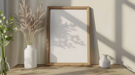 Fototapeta na wymiar Rectangular picture frame mockup with mat, Wooden Minimalist style