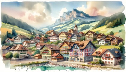 Watercolor landscape of Village in Appenzell, Switzerland