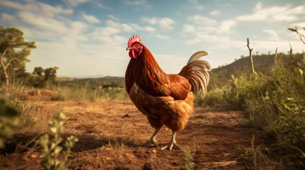 Fotobehang Red chicken walking in a paddock © Anas