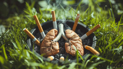 World no tobacco day. Smoking prevention. Lungs and cigarettes surrounded by grass