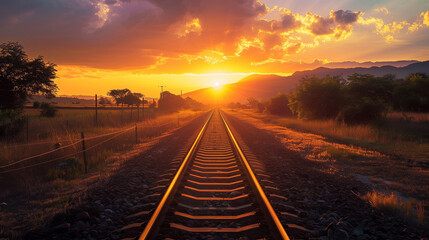 photo of a train track crossing a landscape at sunset. With a golden orange sky and stretching clouds in the background, Ai generated Images - Powered by Adobe