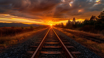 photo of a train track crossing a landscape at sunset. With a golden orange sky and stretching clouds in the background, Ai generated Images