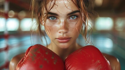 fighter woman fist close up. straight focus on the glove with the rest of the image on blur. - obrazy, fototapety, plakaty