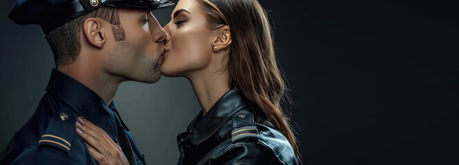 Young man and woman in police uniforms kissing in love. Office romance at work, benefits for young police families, copy space.