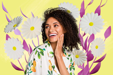 Composite photo collage of young happy american girl pose smile flowers spring chamomile bud atmosphere isolated on painted background
