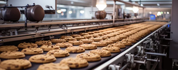 Tuinposter Factory on cake cookies. Fresh cooked Cookies on industrial conveyor. © Alena