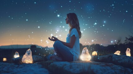 A photo-realistic image of a young woman meditating peacefully surrounded by glowing crystal formations, with a cosmic and starry background - obrazy, fototapety, plakaty