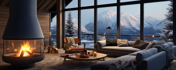 Winter modern living room with big windows and cozy atmosphere.