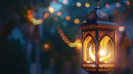 Beautiful ornamental arabic lantern illuminated against night sky with crescent moon - celebrating...
