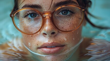 Female swimmer at the swimming pool.Underwater photo. Female swim underwater in pool. Girl wearing summer goggles swims underwater poolside.