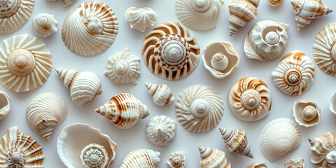 Pattern of shells on white surface with empty space in middle, closeup view of natural decor concept