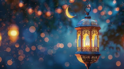Golden ornamental arabic lantern illuminated by crescent moon - celebrate ramadan kareem with traditional symbolism - obrazy, fototapety, plakaty