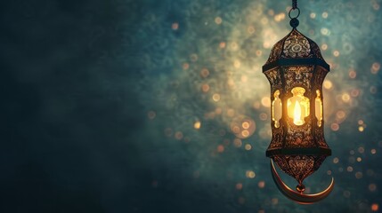 Fototapeta na wymiar Beautiful ornamental arabic lantern illuminated against night sky with crescent moon - ramadan kareem celebration concept