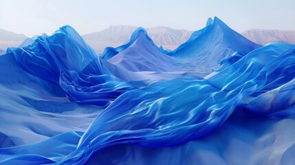 the facade of dune is completely covered with blue silk fabric very puffy hypersize disproportionate in size