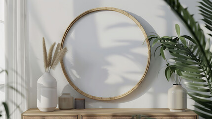 Round shape mockup photo frame bamboo border, on bookcase in modern living room, 3d render